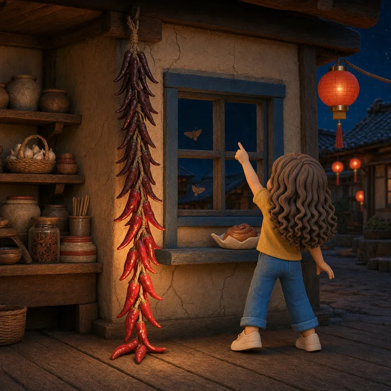 Lena at the window pointing up the chili string, from the shiny new chilies at the bottom to the dark wrinkled ones high by the ceiling, claymation illustration