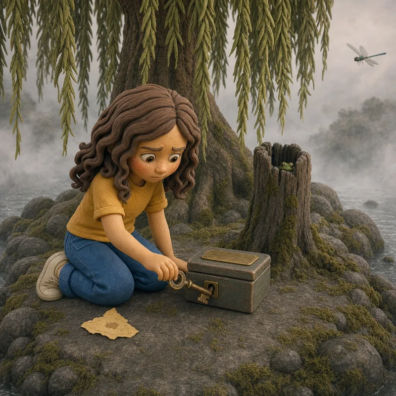 Lena gently trying the key one last time as the tune winds down, kneeling alone by the quiet box on the misty island, the torn paper corner on the moss beside her, claymation illustration