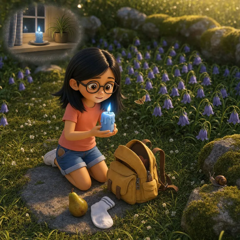 Maya kneeling by her backpack with the pear and spare sock unpacked, holding the blue candle with its cool flame, a memory of her windowsill floating above, 3D-animated illustration