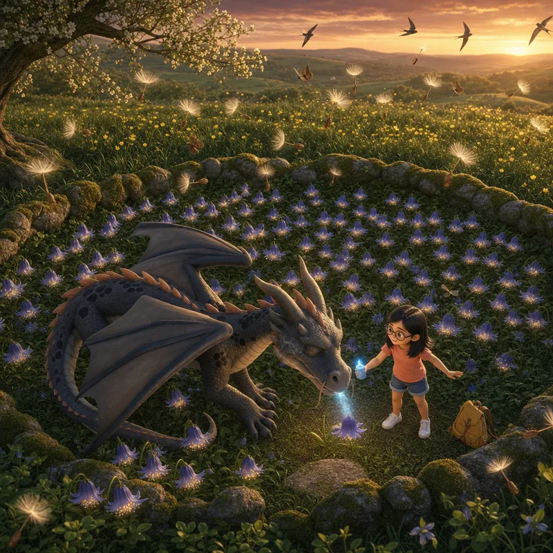 Wide view of seeds rising in slow gold arcs above the hollow as Marigold huffs a small cool flame at the last nightbell beside tiny Maya, 3D-animated illustration