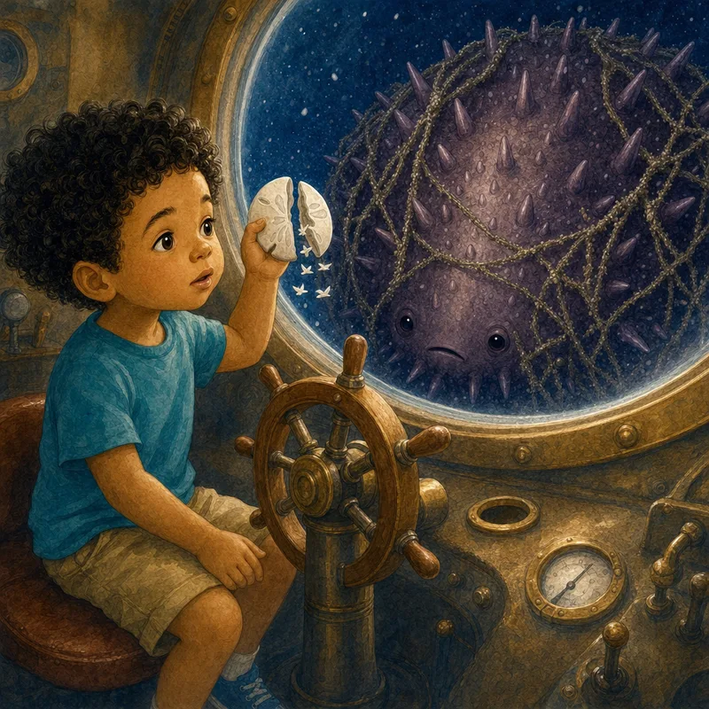Theo sitting very still at the wheel, holding up the half sand dollar and clicking it slowly while the netted giant listens outside the window, watercolor illustration