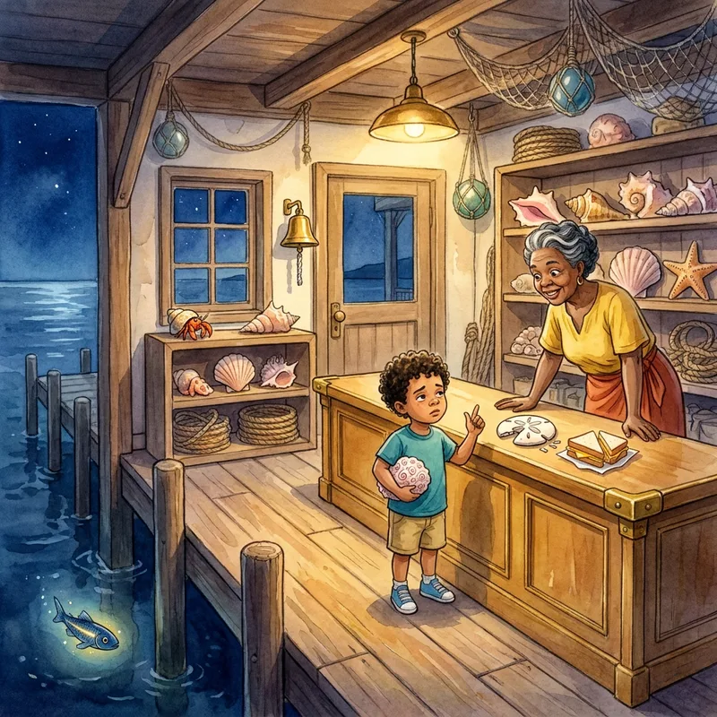 Theo back in the lamplit shell shop laying the sand dollar on the counter for Mrs. Okoye, Sprat's glow circling in the harbour water below the dock, watercolor illustration